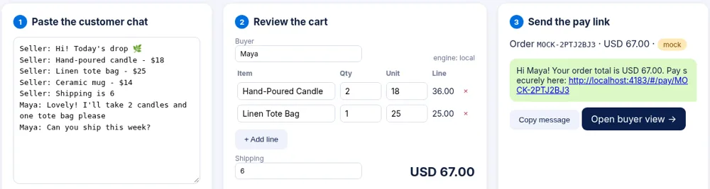 Chat-to-checkout demo app: paste a chat, review the cart
